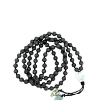 5mm Burmese Black Jadeite Mala Paired w/Gray White Lotus & Feathers