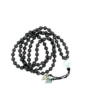 5mm Burmese Black Jadeite Mala Paired w/Gray White Lotus & Feathers