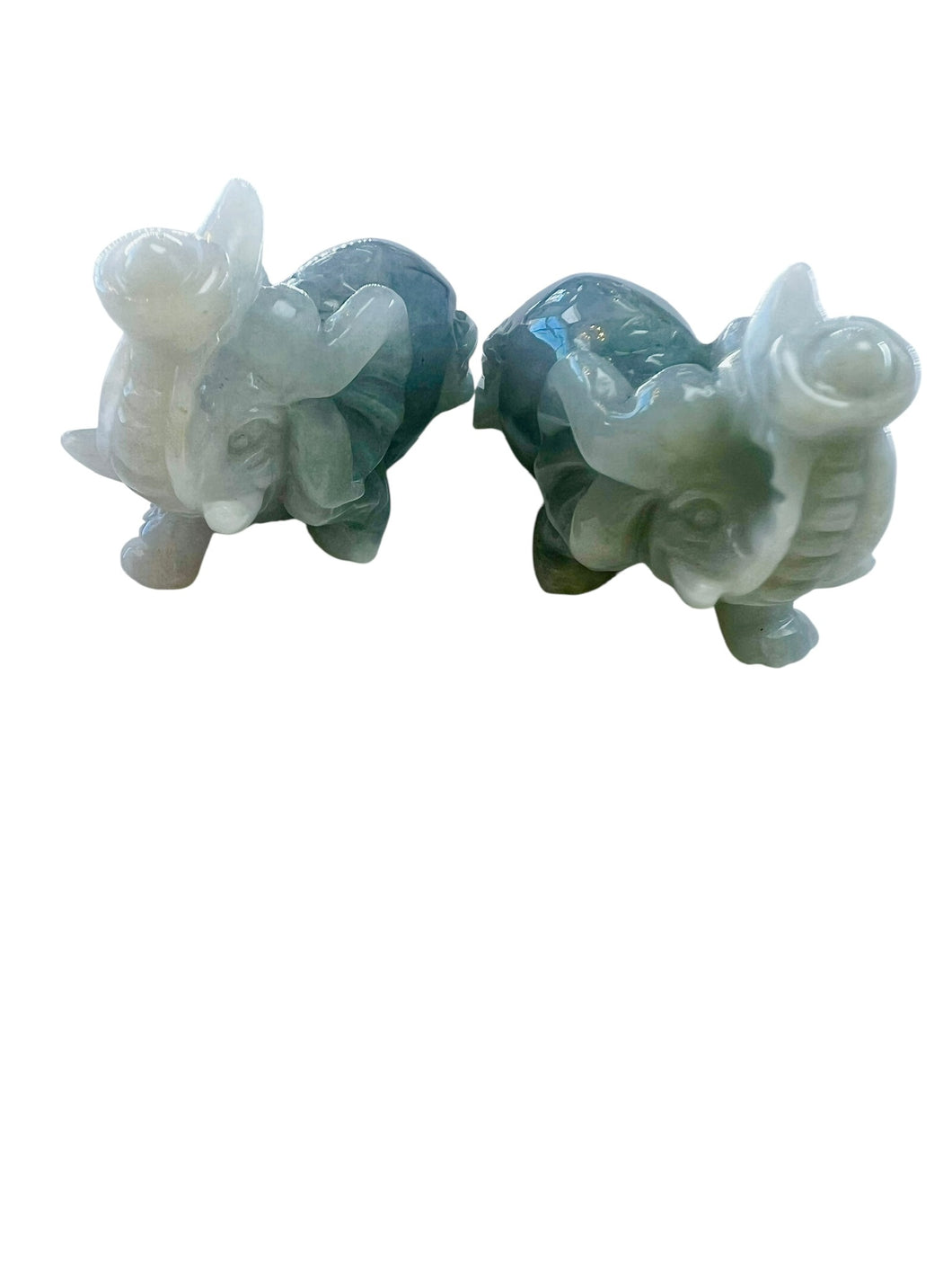 Burmese Icy Blue Jadeite Elephant Trunk Up Carvings