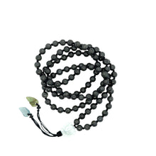 5mm Burmese Black Jadeite Mala Paired w/Gray White Lotus & Feathers