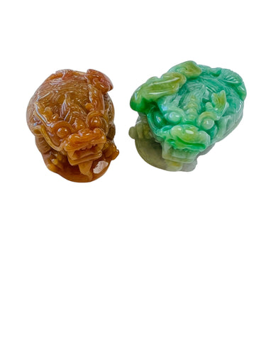 Burmese Red and Green Jadeite Three-Legged Toad Carvings