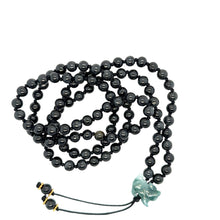5mm Burmese Black Jadeite Mala Paired w/Emerald Green Jadeite Fu Lion & 24kt Hand Granulated Roundels