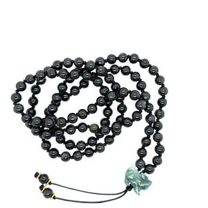 5mm Burmese Black Jadeite Mala Paired w/Emerald Green Jadeite Fu Lion & 24kt Hand Granulated Roundels