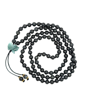 5mm Burmese Black Jadeite Mala Paired w/Emerald Green Jadeite Fu Lion & 24kt Hand Granulated Roundels