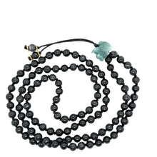 5mm Burmese Black Jadeite Mala Paired w/Emerald Green Jadeite Fu Lion & 24kt Hand Granulated Roundels