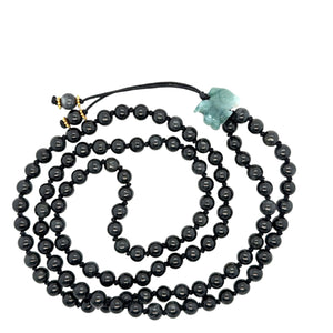5mm Burmese Black Jadeite Mala Paired w/Emerald Green Jadeite Fu Lion & 24kt Hand Granulated Roundels