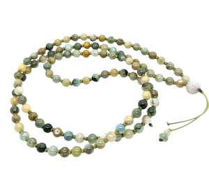 5mm Burmese Camo Green Jadeite Mala Paired w/Lotus Bud, Buddha's Heart & Gourd