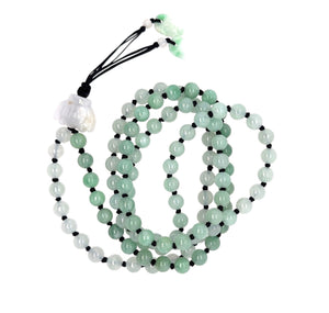 6mm Burmese Icy Translucent Green Ombre Jadeite Mala Paired w/Lotus & Feathers