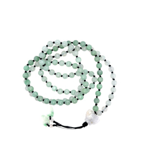 6mm Burmese Icy Translucent Green Ombre Jadeite Mala Paired w/Lotus & Feathers