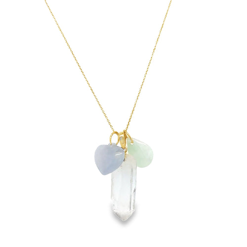 14Kt YG Tibetan Crystal, Burmese Jadeite Puff Heart & Icy Green Jadeite Raindrops Necklace