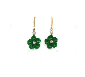 18Kt YG Burmese Emerald Green Jadeite Plum Blossom 0.10ct Diamond Earrings