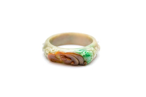 Burmese Honey Red Green Jadeite Carved Bat & Dragon Playing with Gold Coins and Ribbon Bangle