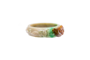 Burmese Honey Red Green Jadeite Carved Bat & Dragon Playing with Gold Coins and Ribbon Bangle