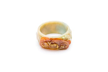 Burmese Red, Honey & Blue Jadeite Carved Bats Playing w/ Ribbons of Gold Coins Wide Bangle