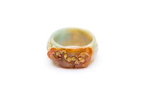 Burmese Red, Honey & Blue Jadeite Carved Bats Playing w/ Ribbons of Gold Coins Wide Bangle
