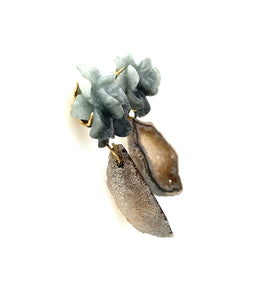 18kt YG Burmese Gray Jadeite Gardenia Paired w/ Natural Drusy Drops Earrings