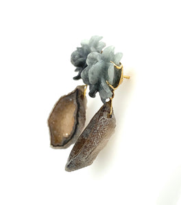 18kt YG Burmese Gray Jadeite Gardenia Paired w/ Natural Drusy Drops Earrings