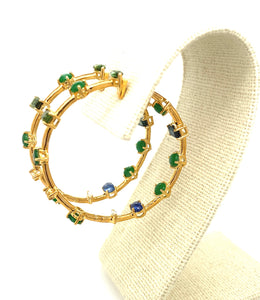 18kt YG Burmese Emerald Green Jadeite Cabochon w/ Diamonds & Multi Color Sapphire In & Out Hoops