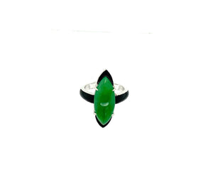 18kt WG Burmese Apple Green Jadeite Marquise Black Enamel Ring
