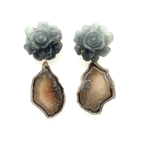 18kt YG Burmese Gray Jadeite Gardenia Paired w/ Natural Drusy Drops Earrings