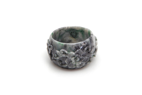 Burmese Gray Green Jadeite Blossoming Lotus and Vines Wide Bangle