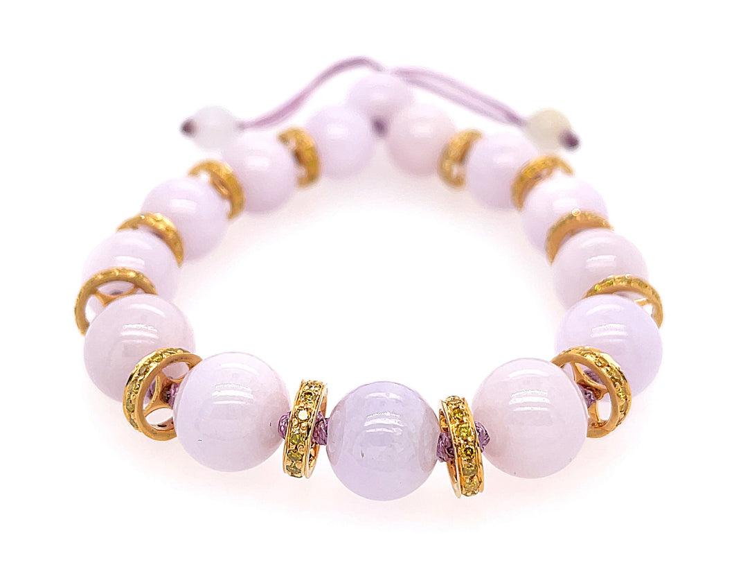 18kt YG Diamond Roundels Paired w/ Burmese Lavender Jadeite Beads Silk Bracelet