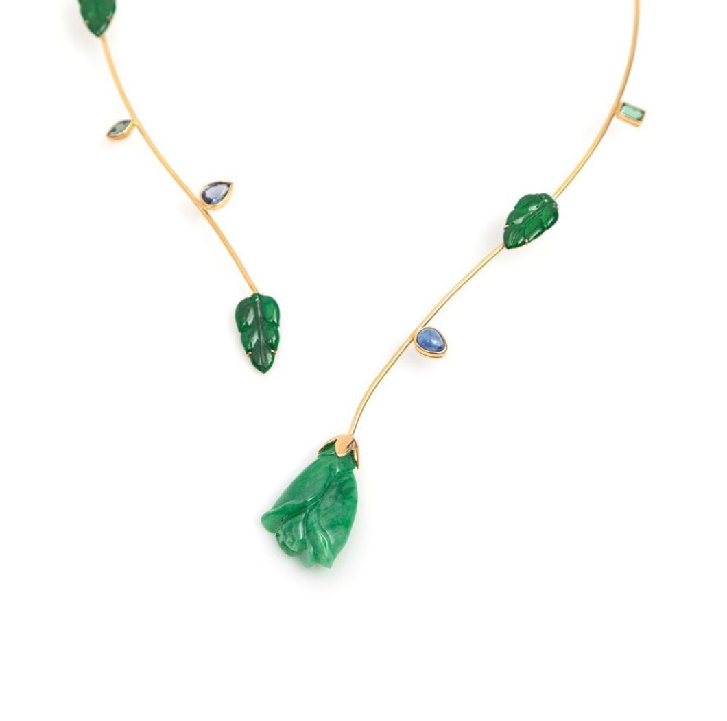 18kt Burmese Apple Green Jadeite Rose w/ Emerald Green Jadeite Leaves, Sapphire Thorn Collar