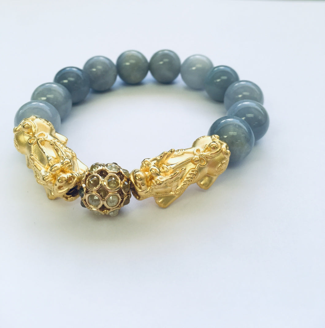 24kt Pei Yao w/ Fancy Color Diamond Ball & Burmese Blue Jadeite Bead Bracelet