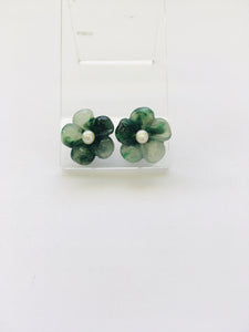 18kt Pearl Studs w/ Burmese Translucent Emerald Green Jadeite 5 Petals of Happiness Jackets