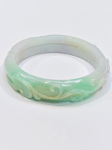 Burmese Apple Green Jadeite Carved Bamboo and Vines Comfort Fit Bangle