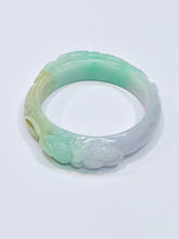 Burmese Tri Color Jadeite Carved Double Koi Fish w/ the Lotus & Lily Oval Comfort Fit Bangle
