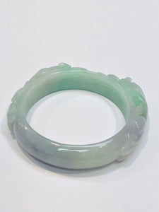 Burmese Lavender Green Jadeite Carved Pei Yao Capturing Gold Coins Oval Comfort Fit Bangle