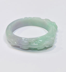 Burmese Lavender Green Jadeite Carved Pei Yao Capturing Gold Coins Oval Comfort Fit Bangle