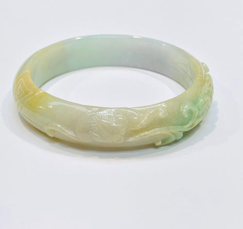 Burmese Tri Color Jadeite Carved Bat Playing in the Trees w/ Gold Coins Oval Comfort Fit Bangle