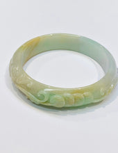 Burmese Tri Color Jadeite Carved Bat Playing in the Trees w/ Gold Coins Oval Comfort Fit Bangle