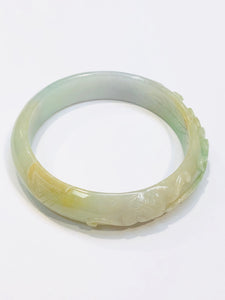 Burmese Tri Color Jadeite Carved Bat Playing in the Trees w/ Gold Coins Oval Comfort Fit Bangle