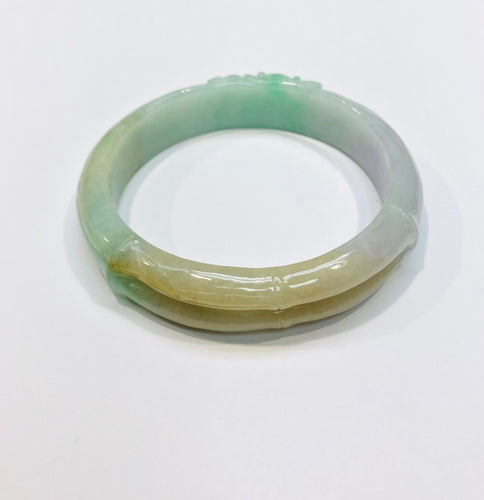 Burmese Tri Color Jadeite Carved Bamboo w/ Bats Flying through the Bamboo Oval Comfort Fit Bangle