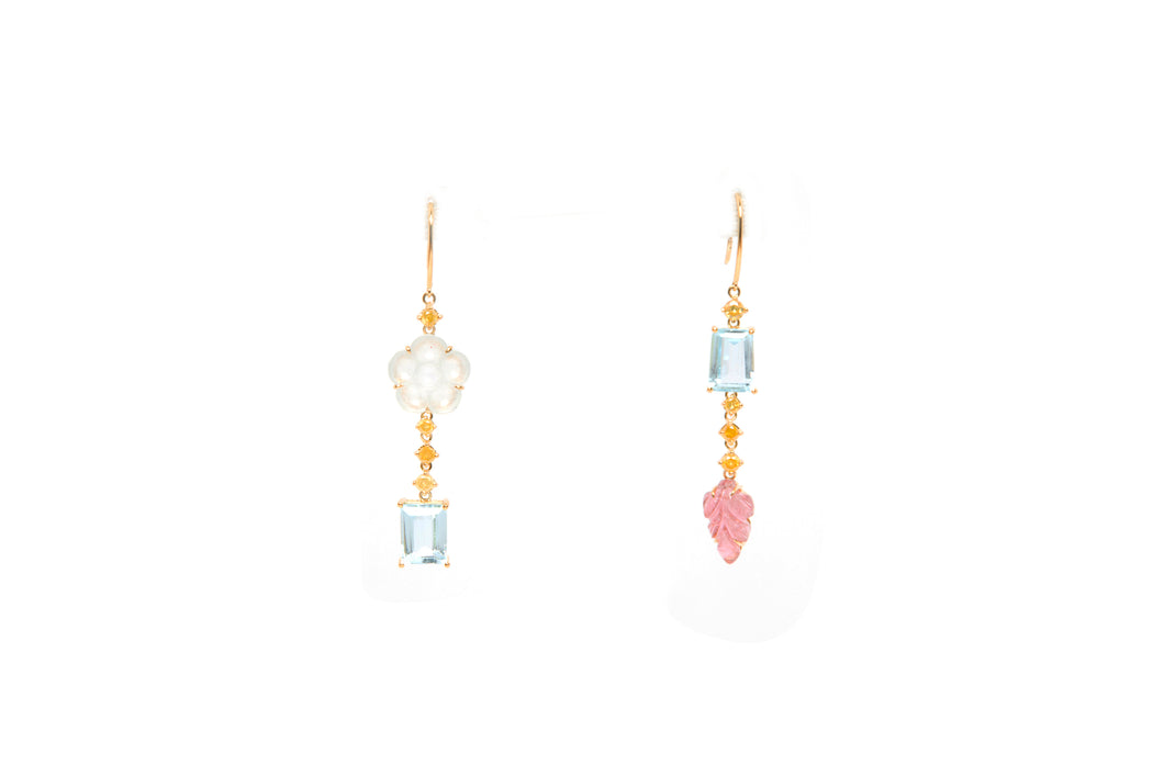 18kt Aquamarines, Natural Yellow Diamonds, Tourmaline Leaf, & Burmese Icy Jadeite Plum Blossom Earrings