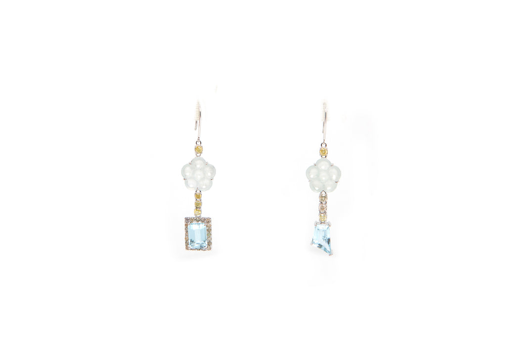 18kt Burmese Icy Jadeite Plum Blossom w/ Natural Yellow Diamonds, Aquamarines & Champagne Diamond Earrings