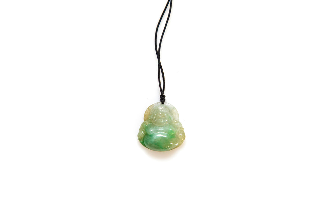 Burmese Honey Green Jadeite Buddha Black Silk Adjustable Necklace